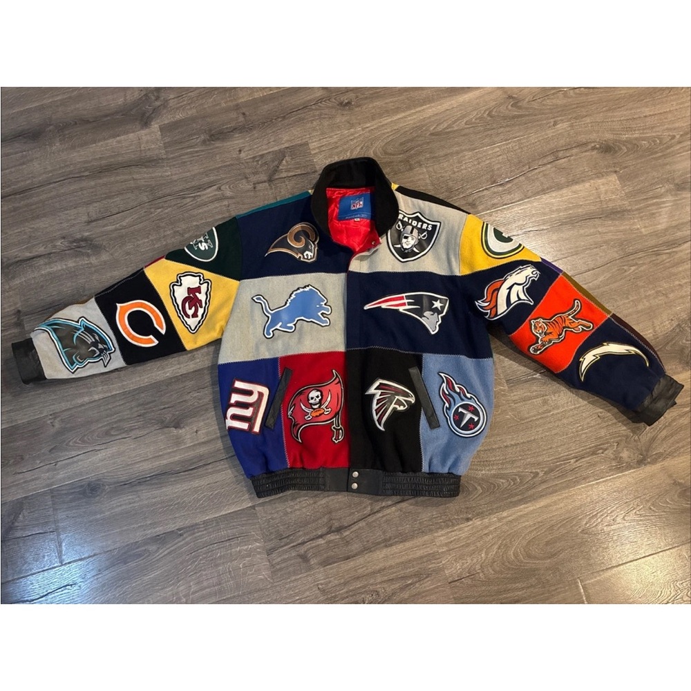 VINTAGE REEBOK JEFF HAMILTON NFL TEAM LOGOS LEATHER JACKET SIZE 5XL